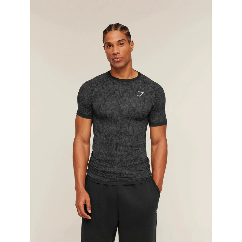 GYMSHARK New Muscle Shark Trendy Sports Fitness Milk Silk Camouflage Print Short Sleeve Tight T-Shirt Top