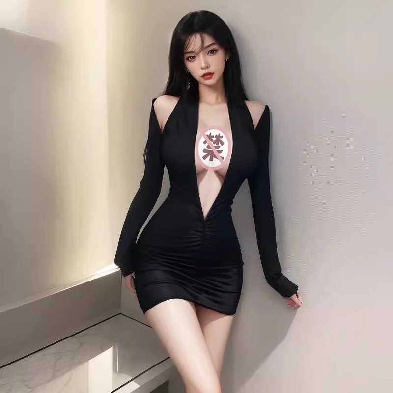 Backless Deep V Halter Mini Dress One-Piece Hip Skirt Black Polyester — detail image 5