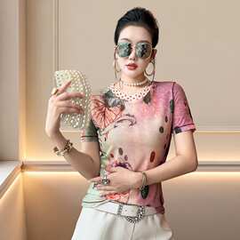 跨境2026新款短袖定位印花圆领网纱t恤女时尚修身显瘦打底衫潮