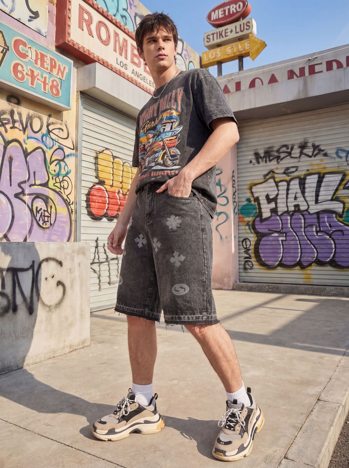Pantaloncini di jeans da uomo con croce in strass diritto_voghion.com