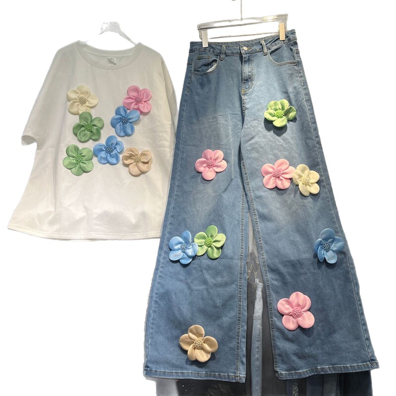 25夏の新型ファッション百合丸首半袖花tシャツ上着重工立体ファッションデザイン感ズボン|undefined