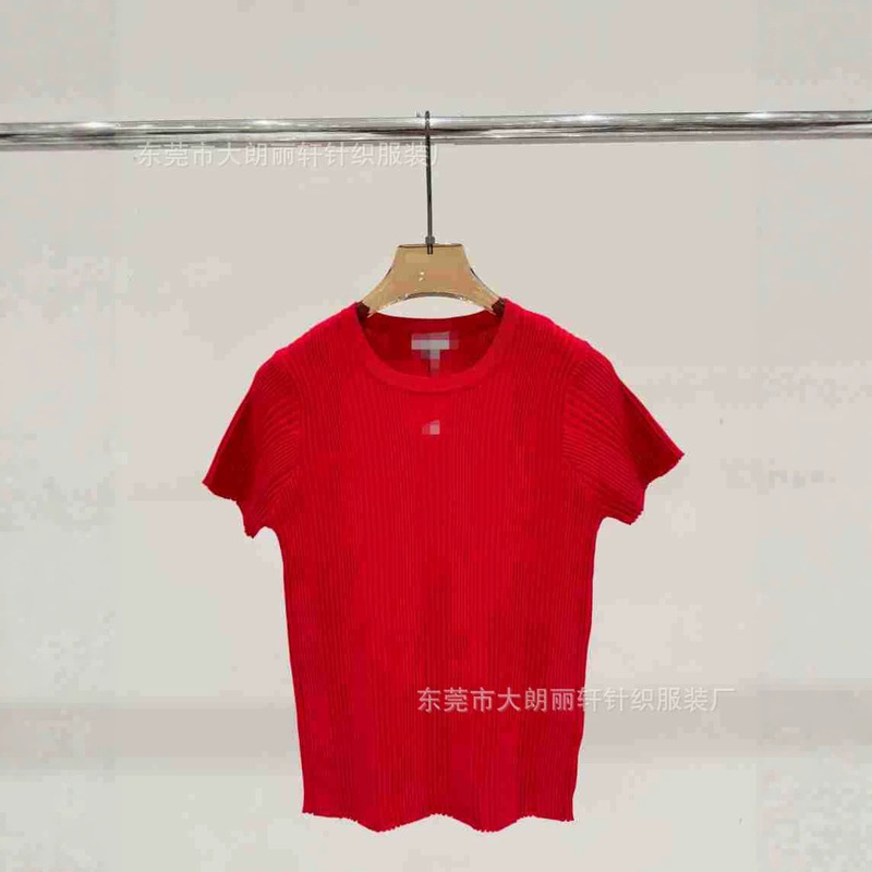 Chanel-Style Solid Color Youthful Slimming Knit Top for Women, Summer Round Neck Striped Knit T-Shirt, Short-Sleeve Knit Vest Top