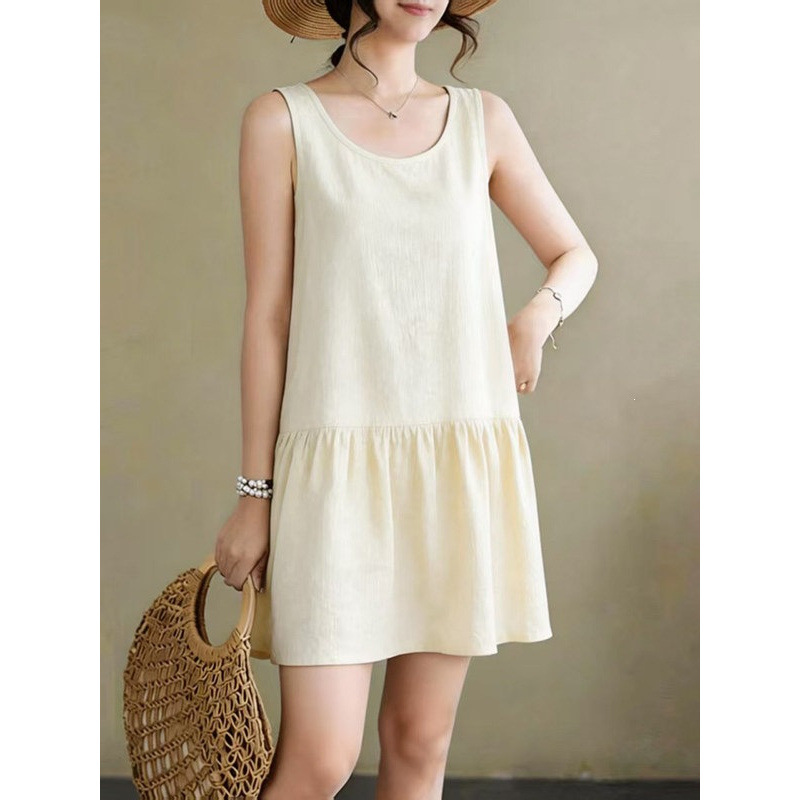 Summer fashion round-neck pleated cotton silk sleeveless vest for women, loose and versatile, slimming, solid color, mid-length vest dress