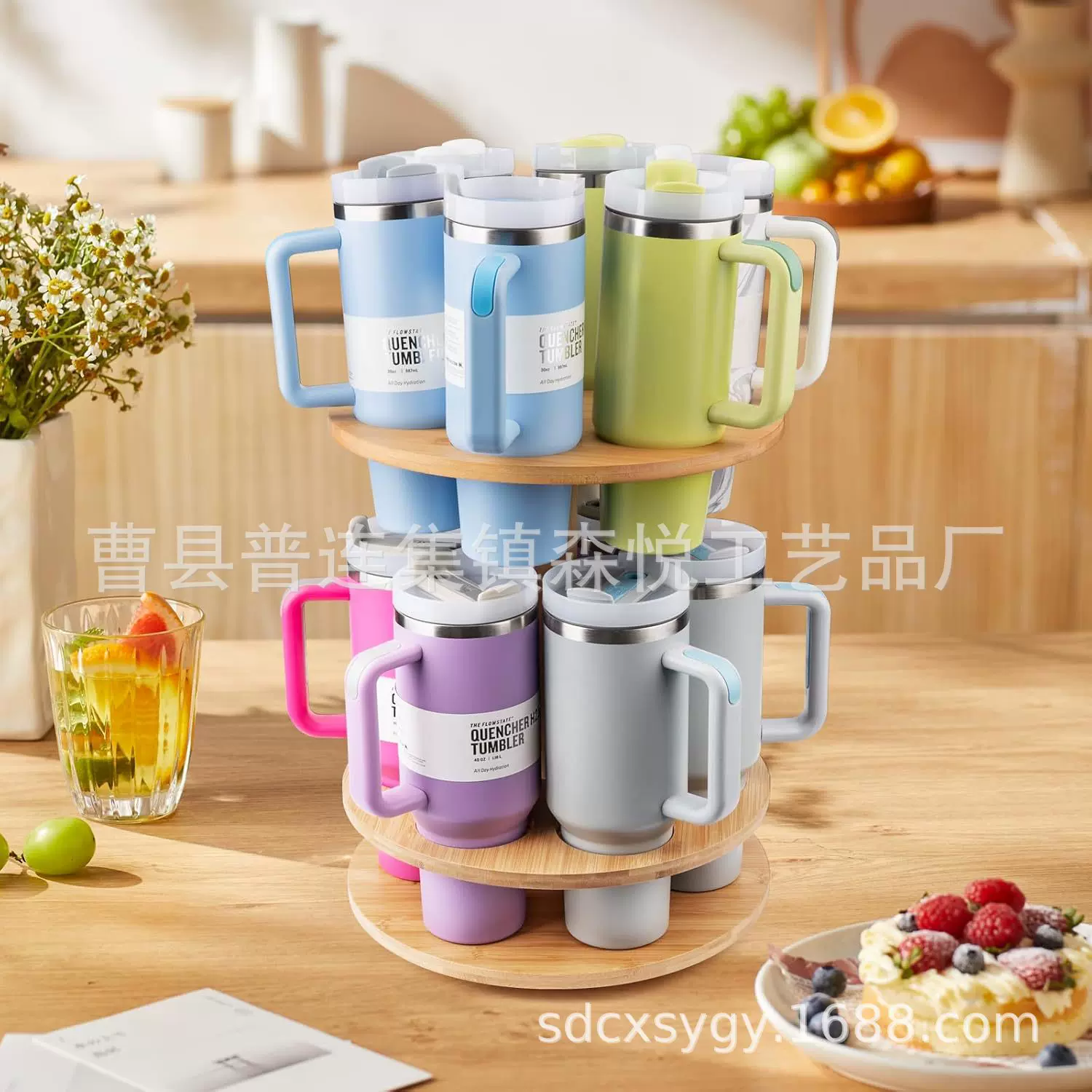 可旋转水杯收纳架木制水瓶储物架不倒翁厨房橱柜保温杯收纳木架