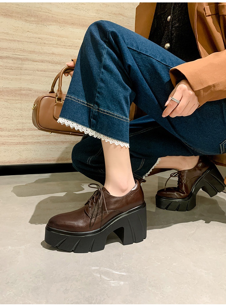 Giày loafer nữ đế xuồng cao gót buộc dây da bò thật — màu nâu chi tiết 10