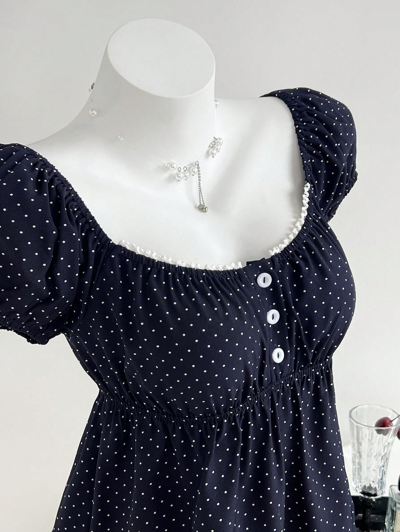 Women's Summer Elegant French Style Waist Cinching Short Sleeve Square Neck Polka Dot Shirt_ecoleips.com