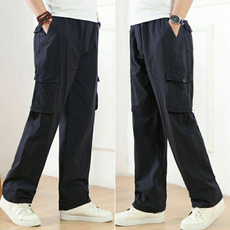 Autumn and winter middle-aged men's pants casual overalls multi-bag elastic waist pants loose plus size dad cotton Autumn and winter middle-aged men's pants casual overalls multi-bag elastic waist pants loose plus size dad cotton