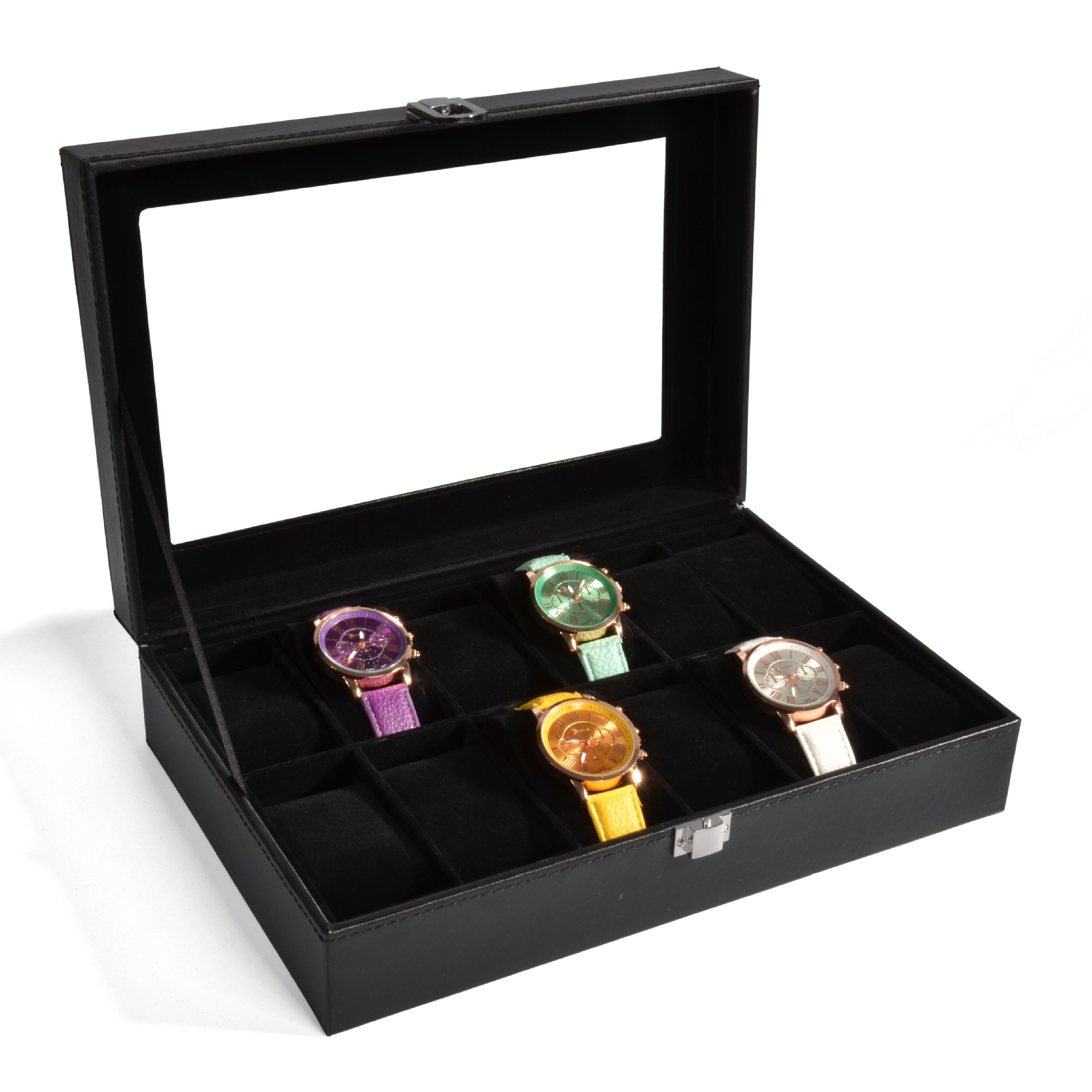 Nueva caja de almacenamiento de reloj transfronterizo en stock al por mayor negro PU cuero púrpura reloj pantalla caja 12-bit caja de reloj