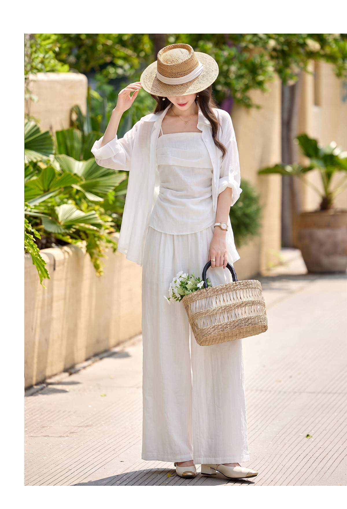 Bộ ba mặc nhà nữ phối áo sơ mi chống nắng, áo hai dây và quần ống suông — màu trắng, màu xám, màu kaki chi tiết 23