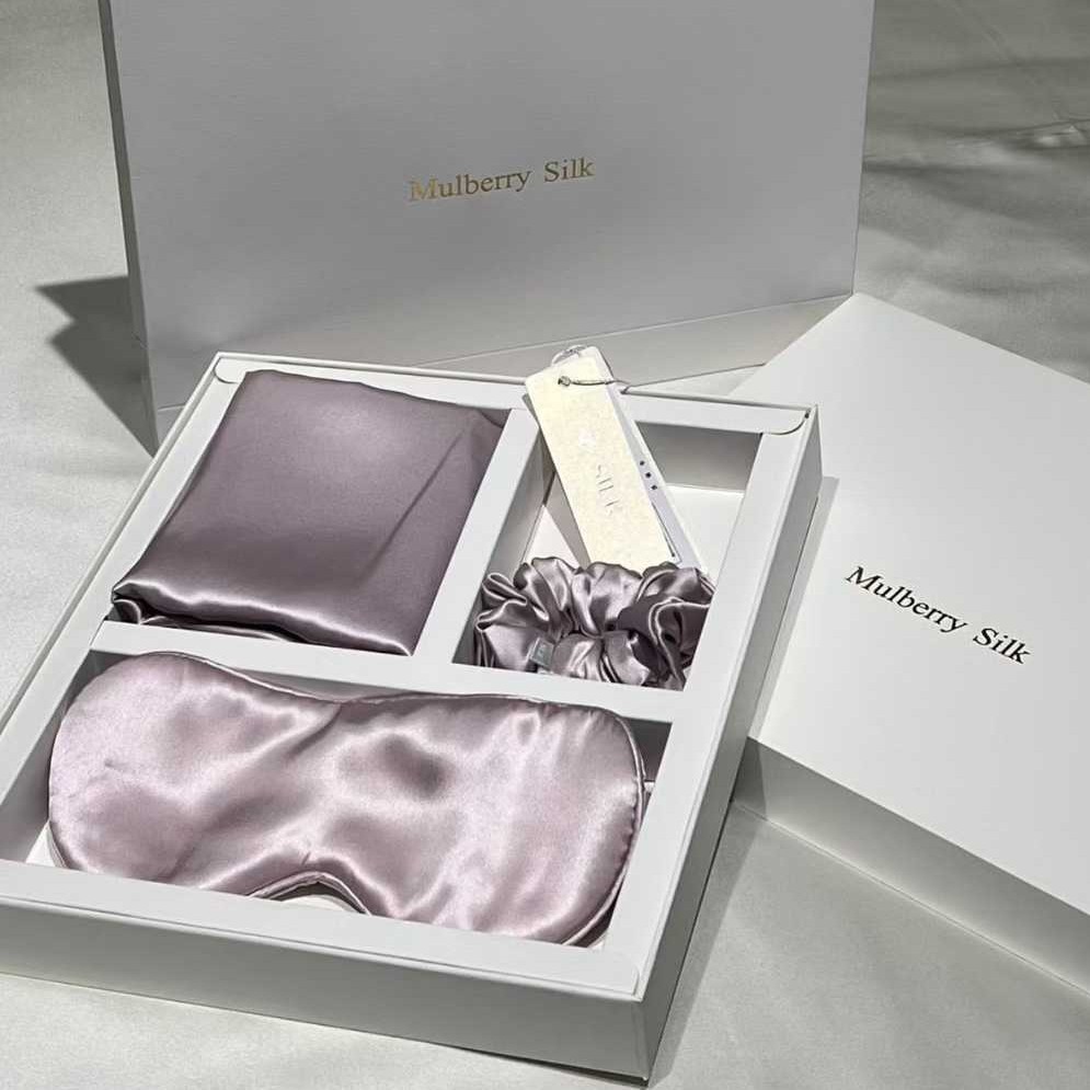 Regalos de alta gama, almohada de seda de alta calidad, cubierta de ojos, anillo de cabello, caja de regalo de seda, 100% seda de morera, conjunto de tres piezas