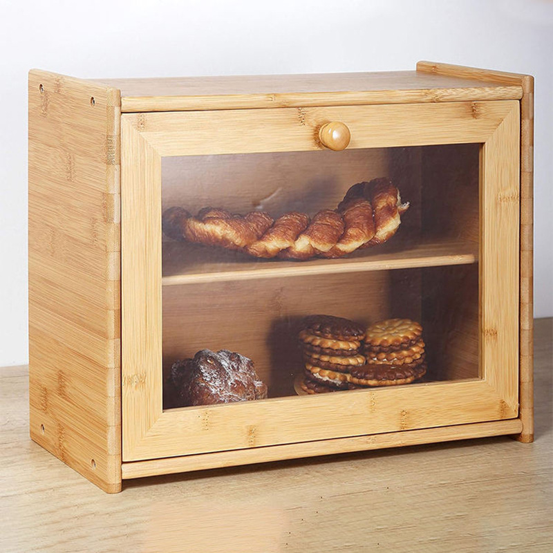 Caja de pan de bambú de doble capa de gran capacidad caja de pan creativa caja de bocadillos de bambú caja de almacenamiento de madera caja de almacenamiento de cocina a prueba de polvo