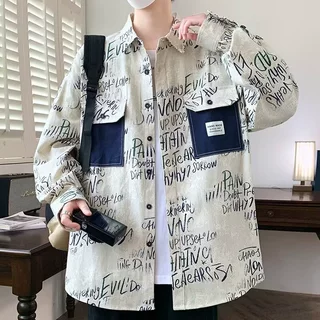 衬衫领外套男春秋季新款潮牌宽松工装上衣服青少年休闲夹克男装士