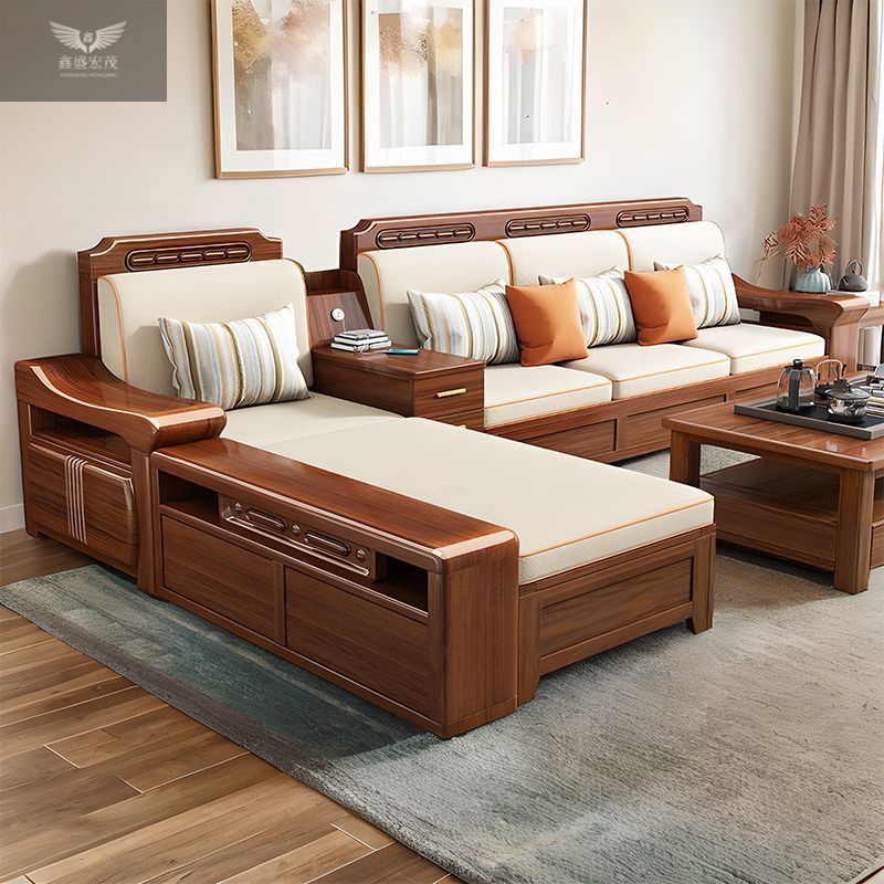 Nuevo estilo chino sala de estar juego completo sofá de madera maciza apartamento grande y pequeño nogal sofá de almacenamiento de madera maciza atmosférica de doble uso para invierno y verano image 3