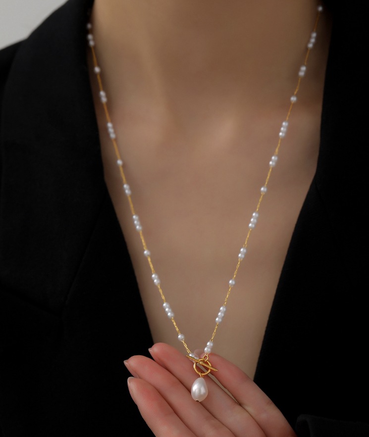 Fashion Geometric Titanium Steel Inlay Artificial Pearls Necklace