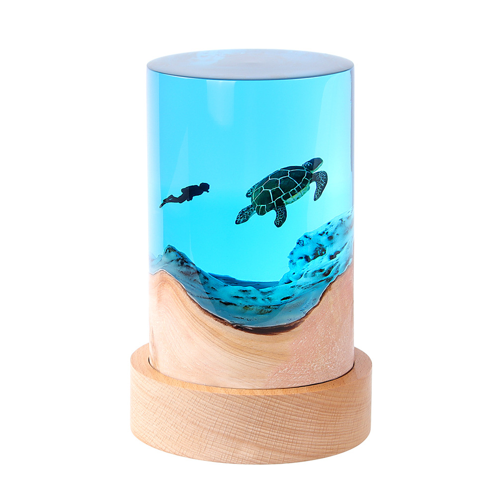 Handmade Micro Landscape Ornaments Ocean Turtle Whale Shark Diver Creative Desktop Cylinder Solid Wood Resin Night Light