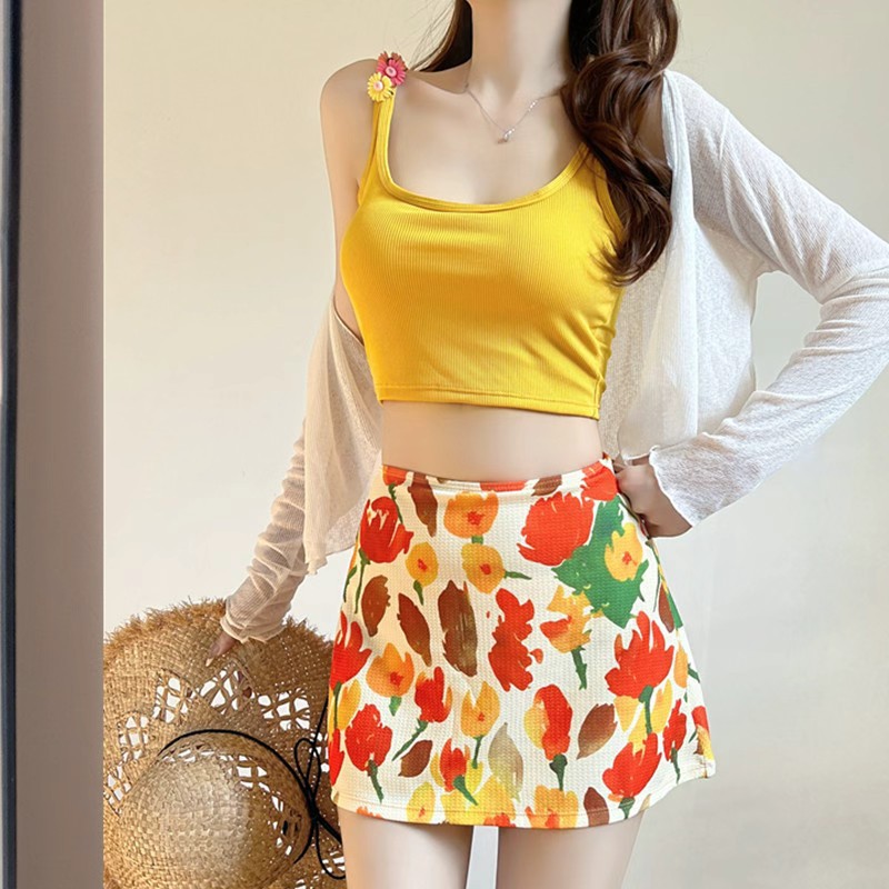 Beach Outfit Set Bikini Swimsuit Women's Long-Sleeved Blouse Printed Split Hip Skirt Dopamine Swimsuit