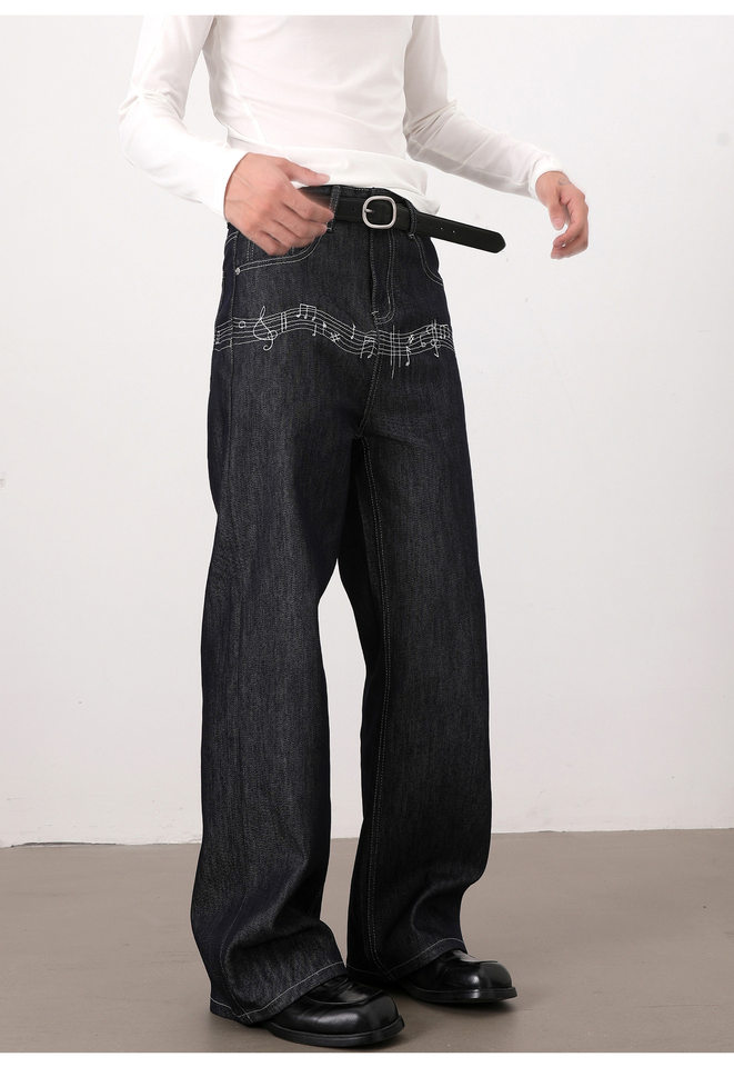 Quần jeans nam màu nguyên bản thêu họa tiết nốt nhạc phong cách retro, dáng cleanfit ống rộng suông chữ A — Xanh nguyên bản chi tiết 11