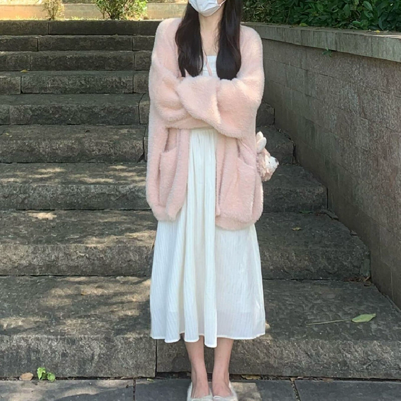 Женский свитер с v-образным вырезом в ленивом стиле, однотонный, имитация норки, на осень и зиму, мягкий и восковой, свободный вязаный кардиган без пуговиц