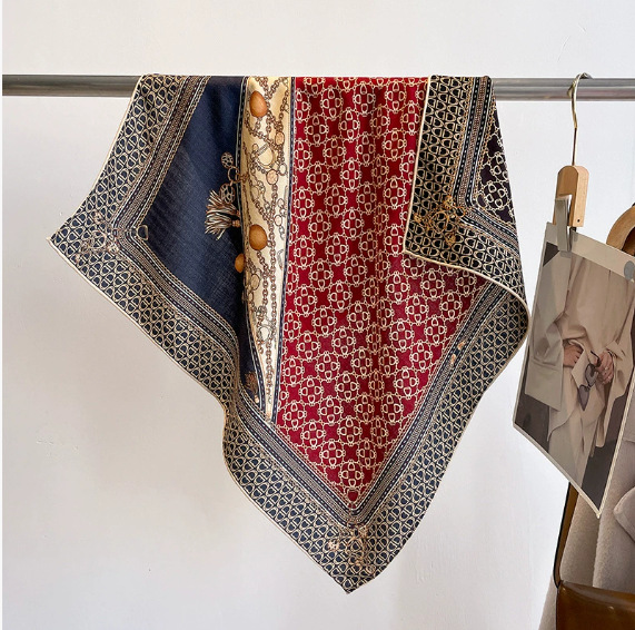 2025春秋冬新型高級シルクウールマフラー女性ファッション気質プリントストール両面シルクスカーフ