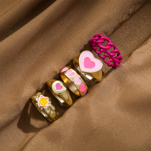 Muse Style Pink Tone Heart Hole 5-Piece Set Oil Droplet Ring Cross-Border INS Style Knuckle Index Ring Set for Women
