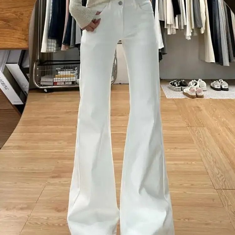 White Low-Waist Flared Jeans for Women, American Style, Spring Season, Slim Fit, Loose, Versatile, Wide-Leg, Long Pants
