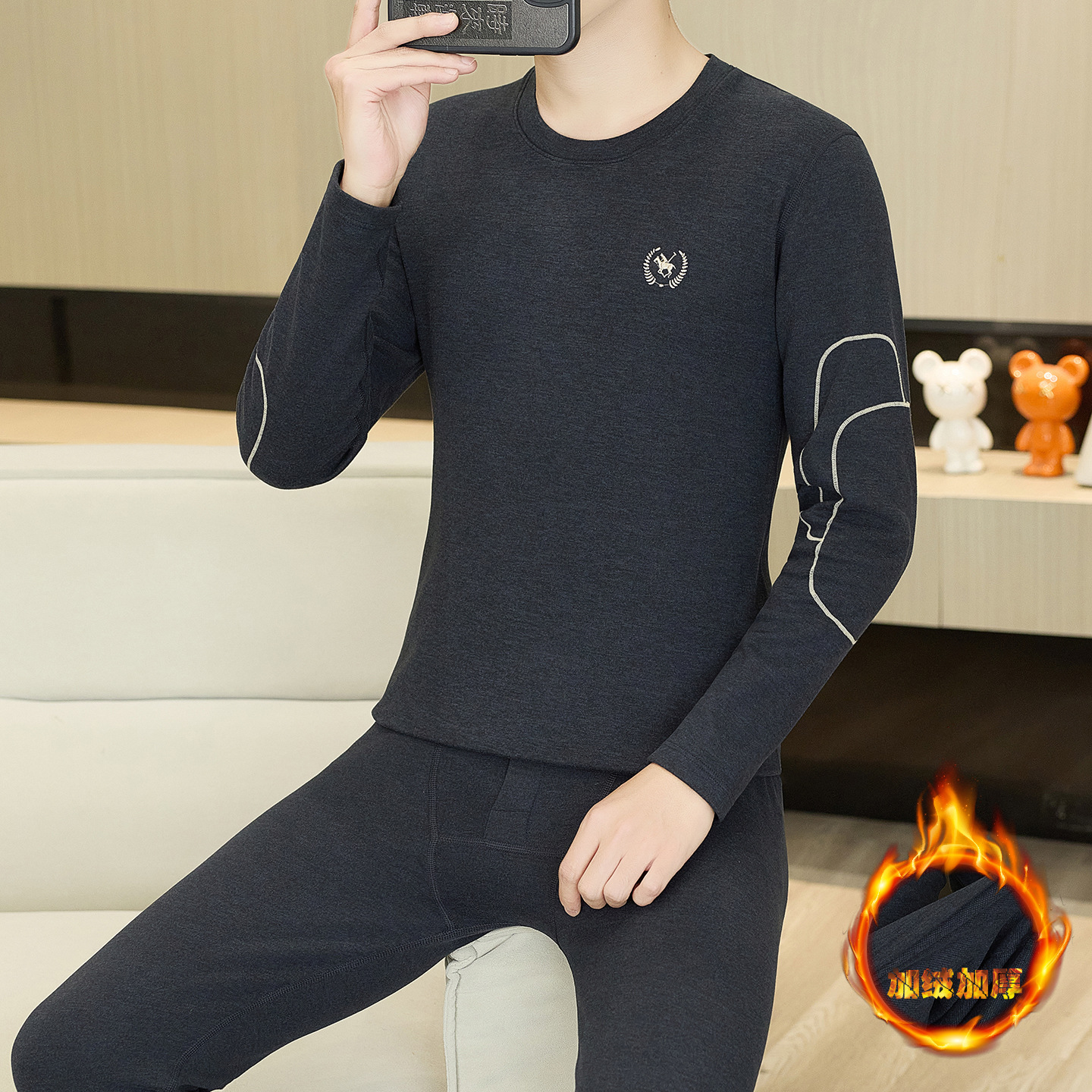 拼接加绒保暖内衣套装马骑士刺绣刺绣男2025冬季新款秋衣秋裤男潮