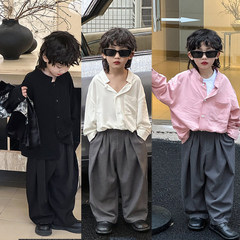 兒童上衣長袖襯衫男女童裝春秋新款純色立領百搭韓版一件代發潮