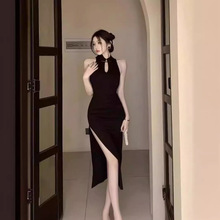 高级性感改良旗袍晚礼服长裙女早春夏季御姐新中式复古挂脖连衣裙