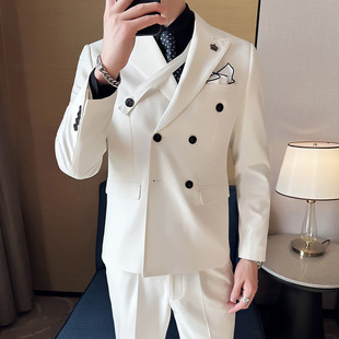 Spot New Men's Suit Business Casual Two-Piece Double-Breasted No-Iron Slim White Suit Suit