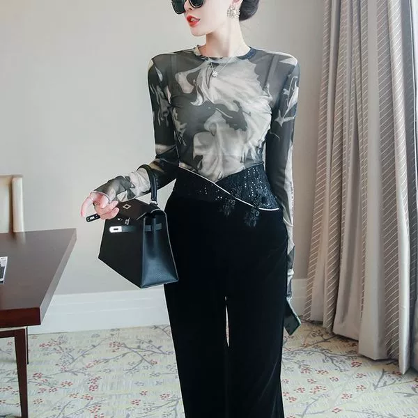 Светская Модная элегантная Новая Женская весенне-летняя футболка с длинными рукавами и принтом, привлекательная Приталенная футболка из микропроницаемой сетки, модная