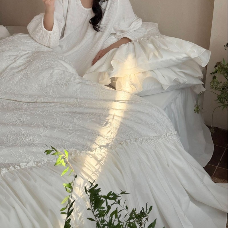 韩式纯棉水洗棉四件套小清新仙女风全棉被套刺绣褶皱花边床上用品|undefined