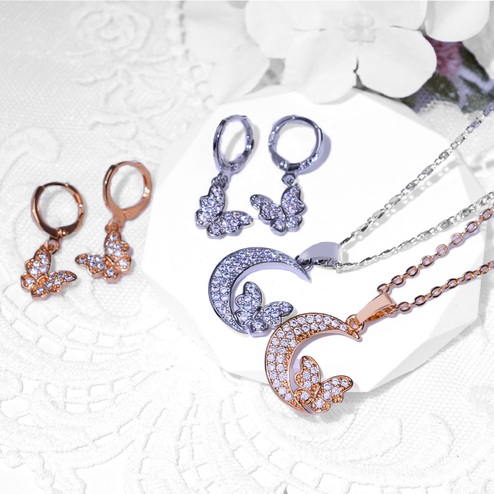 Europa y los Estados Unidos selección transfronteriza mariposa de luna diseño pendientes de zircon collar conjunto de joyería pendientes de mujer joyería colgante