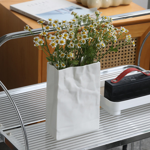Wholesale Creative Paper Bag Ceramic Vase Ornament Minimalist Luxury White Flower Pot Ins Style Nordic Hydroponics High-end