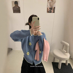 苏珊 复古撞色边手工花朵针织开衫女秋款韩版宽松气质毛衣26929
