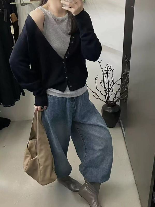 韩版高级感洋气简约百搭长袖V领针织开衫内搭背心两件套上衣女潮|undefined