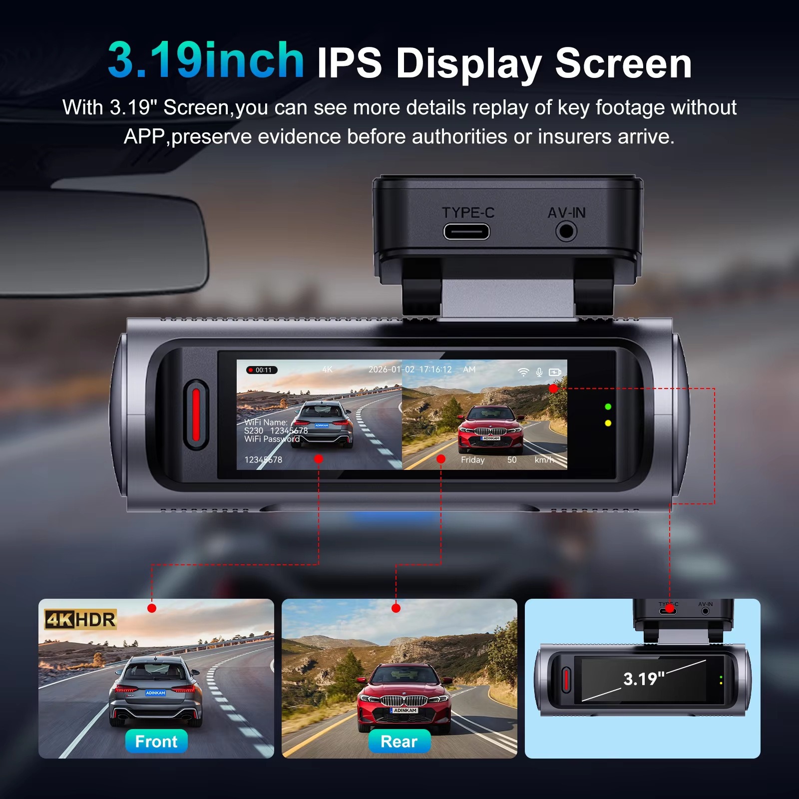 Cross-Border Driving Recorder with High-Definition Dual Lenses, Front and Rear 4K+4K, Mobile Phone Wifi Connectivity, Gps Car Recorder