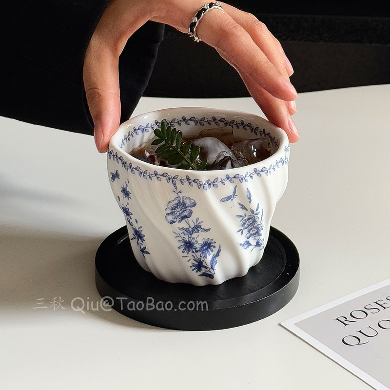 Retro Asymmetrical Blue and White Orchid Ceramic Hand-Held Cup, Antique Coffee Cup and Saucer, Latte Art Cup, Niche Gift