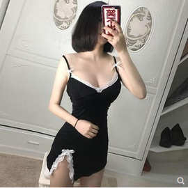 夏季新款V领低胸蕾丝吊带裙打底睡衣包臀打底法式诱惑连衣裙内搭