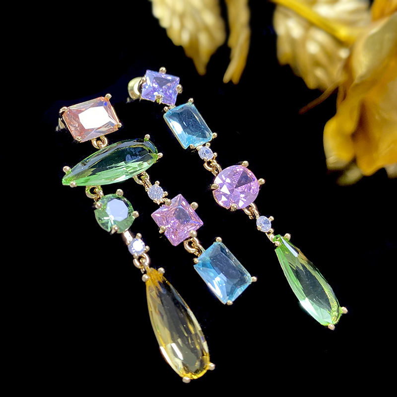 1 Pair Quantity 1 Pair Shiny Oval Water Droplets Rectangle Asymmetrical Inlay Copper Crystal Drop Earrings