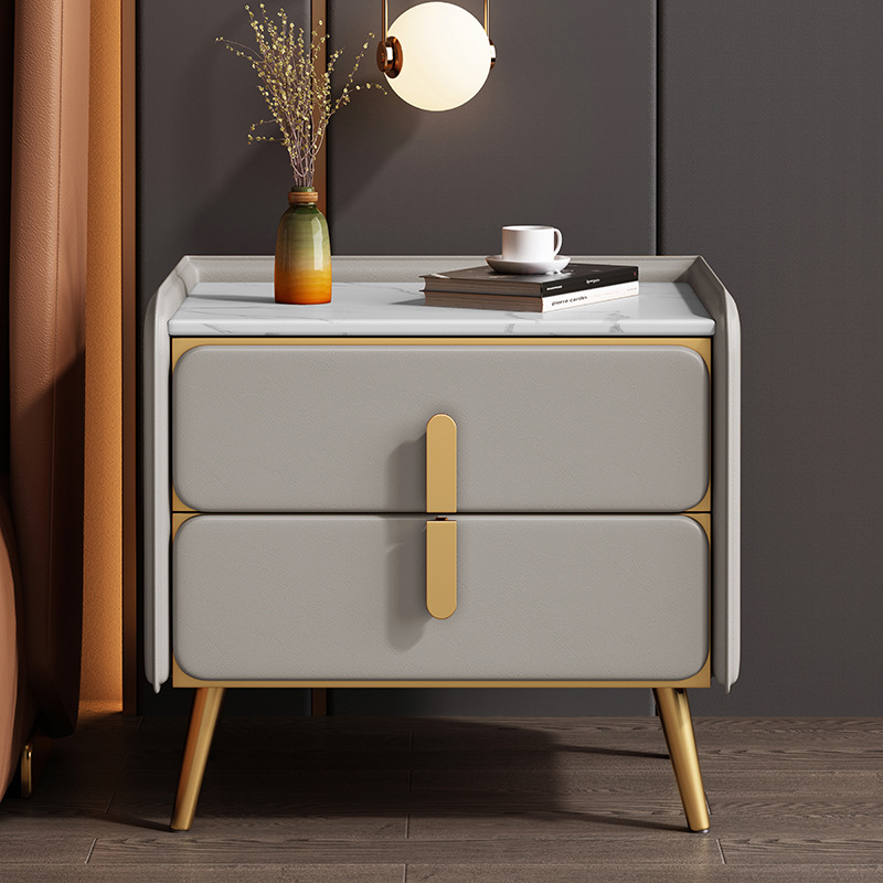 Madera maciza mesita de noche Luz de lujo de alto grado dormitorio simple moderna mesita de noche hogar roca placa pequeña mesita de noche gabinete de almacenamiento