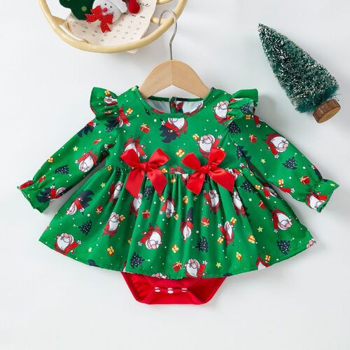 Ins style double bow clothes baby dress cute long flying sleeves farts dress festive climbing clothes