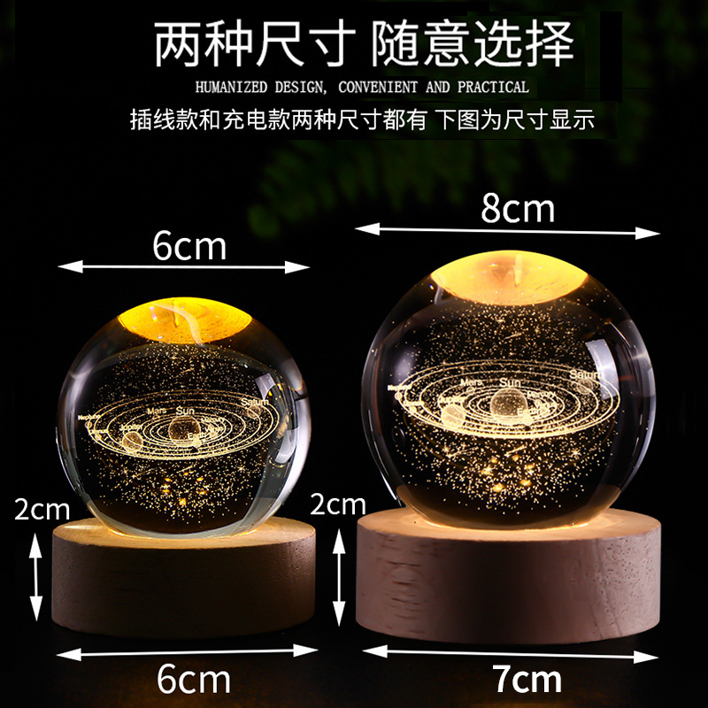 Fabricante directo de lámpara de noche de cristal luminoso láser 3D tallado en base de madera sólida decoración de escritorio creativa pequeño regalo