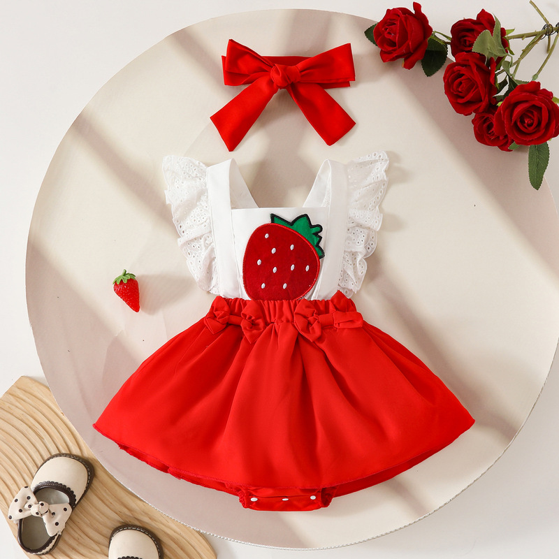 Amazon Baby Girl Strawberry Embroidered Sleeveless Triangle Dress Summer Girl's Bow Ruffled Jompon Dress