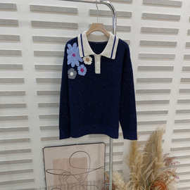 p12601380dl10.9 秋冬新款翻领钩花羊绒针织衫时尚休闲百搭毛衣