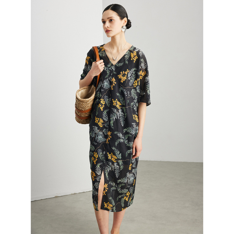 100% Ramie Dress for Women 2026 Spring and Summer New Style Short-Sleeved Loose V-Neck Straight Knee-Length Linen Skirt