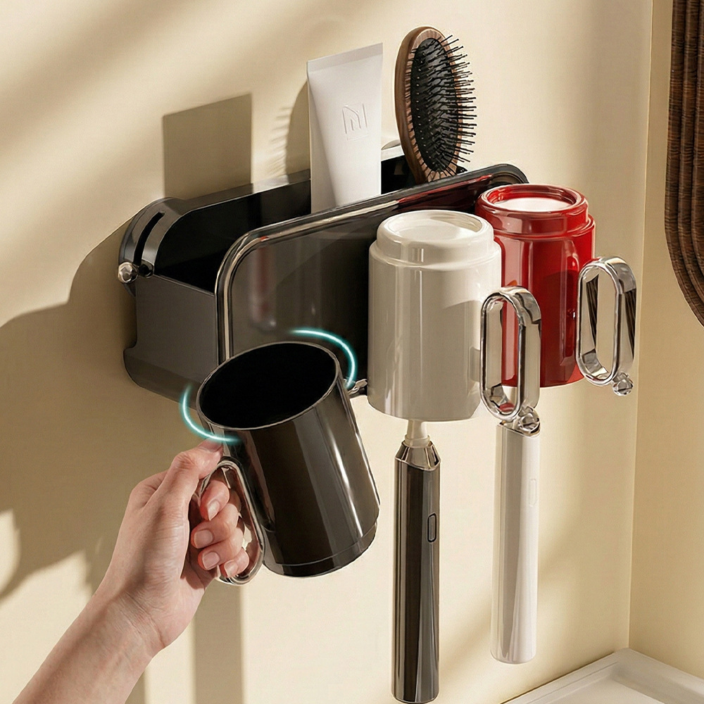 Suction Cup Toothbrush and Mouthwash Cup Holder, Wall-Mounted, No-Drill, for a Family of Four, Bathroom Toothbrush Rack Storage