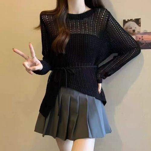 Summer Bestselling Thin Lazy Style High-Grade Air Conditioner Cover Shirt Crew Neck Irregular Crochet Lattice Knit Shirt for Outside Wear New