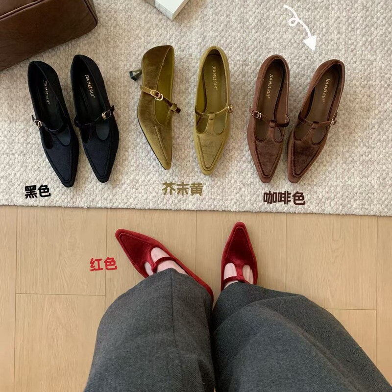 French-style pointed-toe Mary Jane shoes with thin heels, women's 2026 spring/autumn new collection, T-strap suede high heels