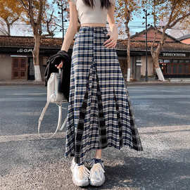 对格毛感格纹半身裙女2025春季毛边拼接高腰显瘦A字百褶中长裙