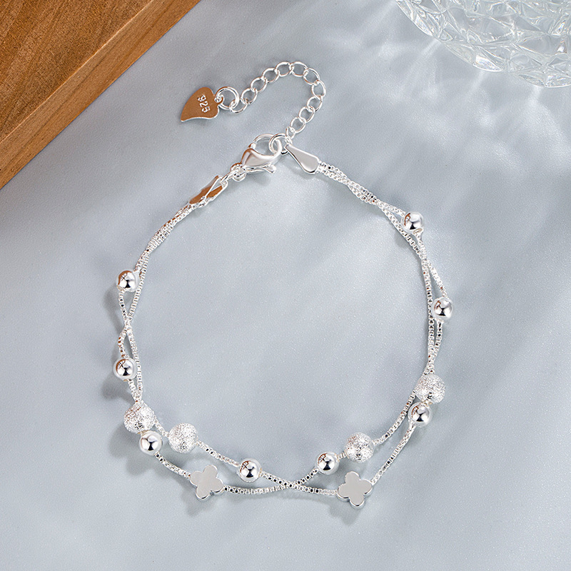 New Stacked Double-Layer Sand Bead Four-Leaf Clover Bracelet for Women, Niche Simple Birthday Gift for Girlfriend, Exquisite and Sweet